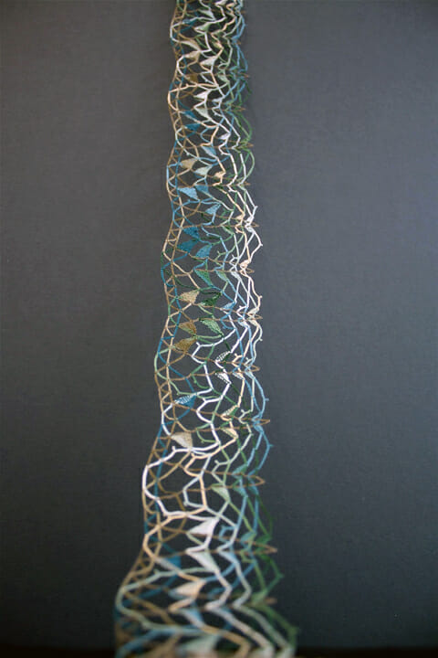 Pierre Fouche | Modern Lace Pierre Fouche - His Foam White Arms (2012) Bobbin lace edging (functioning as a text scroll) in embroidery cotton – Progress