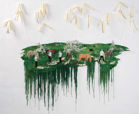 Sophia Narrett | Hand Embroidery Sophia Narrett, Still Burning, 2012, Embroidery, Embroidery Thread, Fabric, Candles, Acrylic, Dimensions Variable