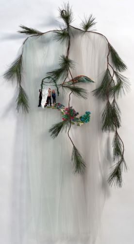 Sophia Narrett | Hand Embroidery Our Path, 2011, Embroidery Thread, Fabric, Artificial Evergreen Branch, Approx. 66 x 42 x 9 in