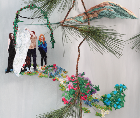 Sophia Narrett | Hand Embroidery Sophia Narrett, Embroidery Thread, Fabric, Artificial Evergreen Branch, Approx. 66 x 42 x 9 in