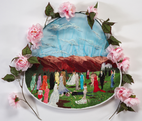Sophia Narrett | Hand Embroidery Sophia Narrett If I Have to Break My Neck to See It Then I Will, 2011, Embroidery Thread, Fabric, Artificial Peonies, Wood, 29 x 35 x 8 in
