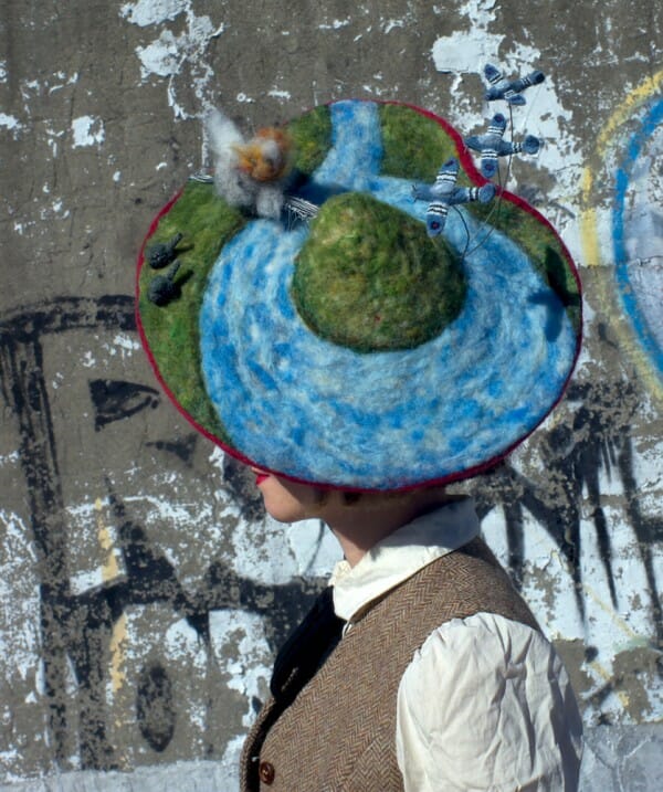 Functional Felt Rae Stimson WWII Hat with an amazing felt plane and landscape scene.