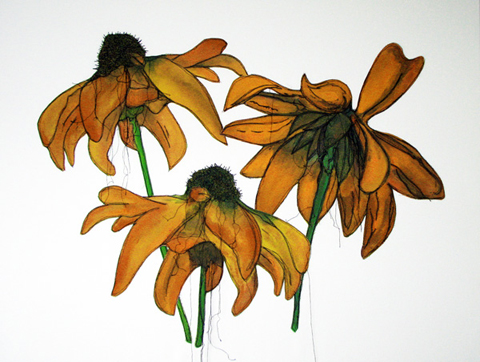 Linda Calverley | Machine Embroidery Linda Calverley - Echinacea - Handpainted Echinacea On Fabric, Machine Stitched, Applique