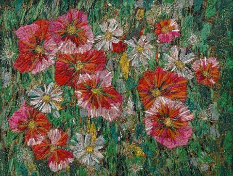 Richard Box | Textile Art Richard Box - Poppies and Daisies - Fabric Collage with Machine and Hand Embroidery