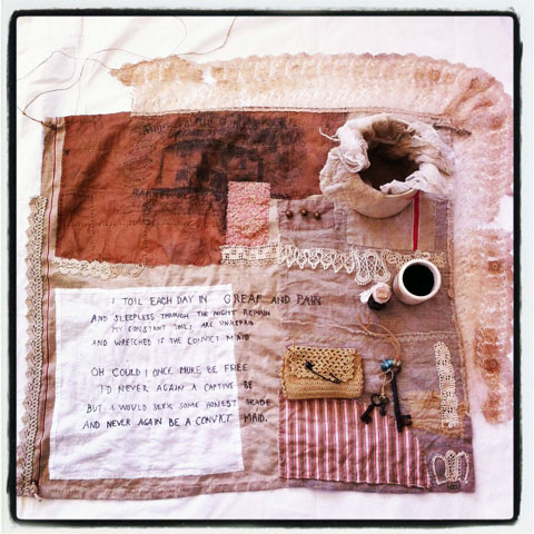 The Cutting (&Amp; Stitching) Edge - Tara Badcock Tara Badcock - 'Hoard; Goods & Chattels' (2013) Hand Embroidered Silk, Hemp, Linen & Cotton, Horsehair Cross Stitched Text, Antique Lace, Transfer Prints and Walnut Husk Dye on Silk, Brass Buttons