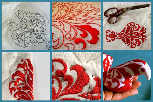 Nat Uhing | Hand Embroidery Red Spool Bird Collage by Smallest Forest