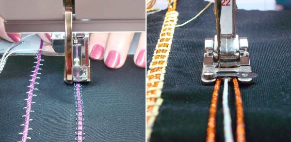 Having Fun With A New Stitch A couching foot holds the thicker thread while you tack it down with stitches.
