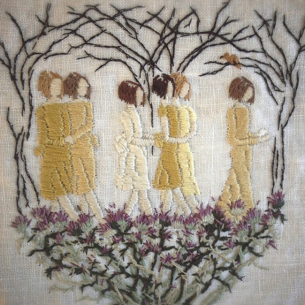Michelle Kingdom | Hand Embroidery "even nightingales cannot live on fairytales," 5 x 5 inch hand embroidery on linen.