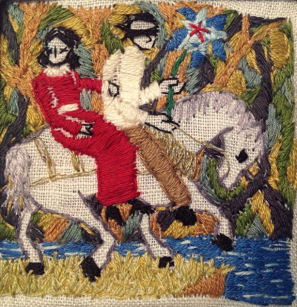 Michelle Kingdom | Hand Embroidery "Her faith supplied all his words seem to leave unsaid," 2.5 inch embroider on linen.