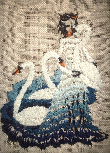 Michelle Kingdom | Hand Embroidery "the mute swans," 3 x 4 inch hand embroidery on linen.
