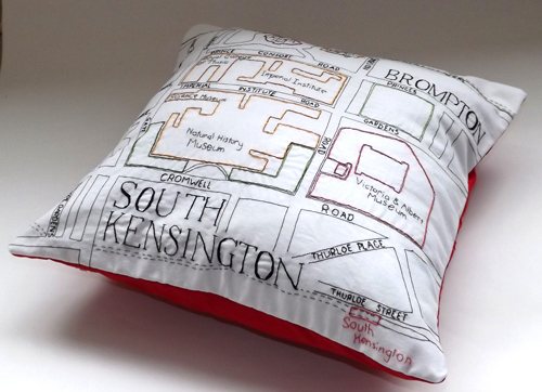 Exploring Etsy - Stitch City South Kensington Map Cushion by Alex Hughes (Hand and machine embroidery)