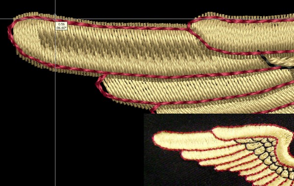 Pull Distortion And Pull Compensation | Machine Embroidery Pull compensation is explained through showing the extra width of a satin stitch intended to match a straight stitch outline on an embroidered wing.