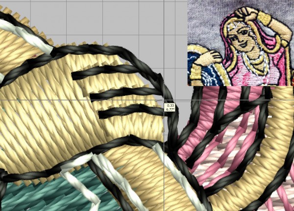 4 Basic Editing Skills To Save Machine Embroidery Designs Image of the hand onf a woman in an embroidery design shows the amount of push compensation needed to achieve proper outline registration with an inste of the finished piece.