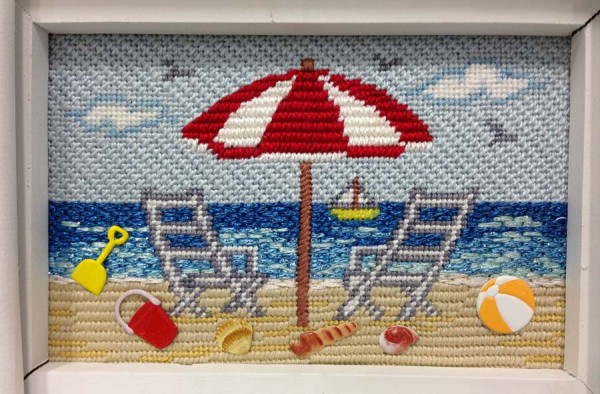 Beat The Blahs With These Blue Threads The ocean in this needlepoint canvas from Cheryl Schaeffer Designs was stitched with metallic threads to make it more realistic