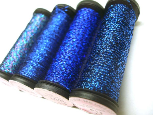 Beat The Blahs With These Blue Threads These shades of cobalt and royal are from Kreinik's Braid and Ribbon thread lines.
