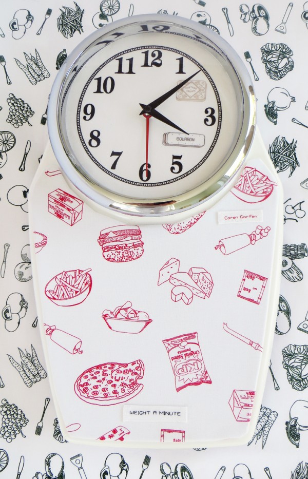 Caren Garfen - Small Stitches, Big Issues Caren Garfen - Clock, 'Weight a Minute' - 2014