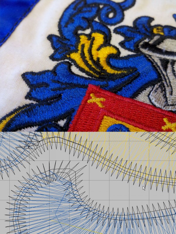 Pull Distortion And Pull Compensation | Machine Embroidery Acanthus element and digitized source file, showing overlap compensation