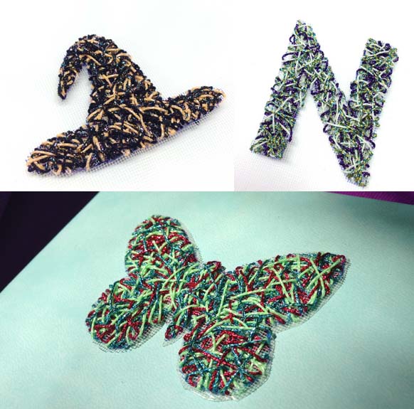 String Art - The Next Generation Is Shiny Designs from three different string art kits from Kreinik Manufacturing Company, using metallic and glow-in-the-dark threads.