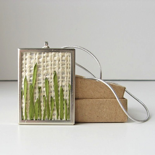 Exploring Etsy - Bstudio Green Grass Pendant Necklace by bstudio (Silk Ribbon Embroidery)