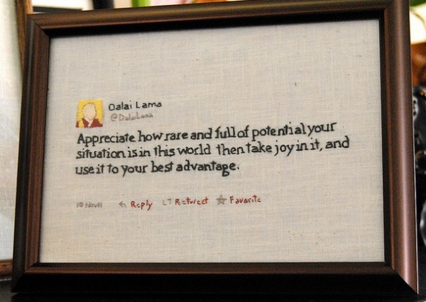 Amy Sheridan | Hand Embroidery Dalai Lama embroidered tweet.