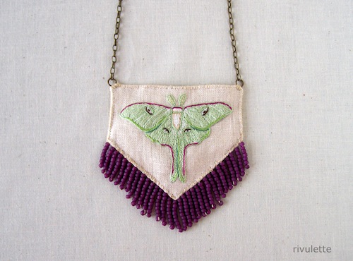 Exploring Etsy - Rivulette Luna Moth Necklace by Rivulette (Hand Embroidery)